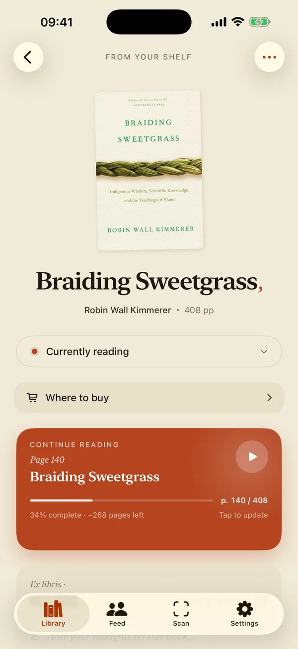 A book's page: cover, reading status, where to buy, and a continue-reading card at page 140 of 408