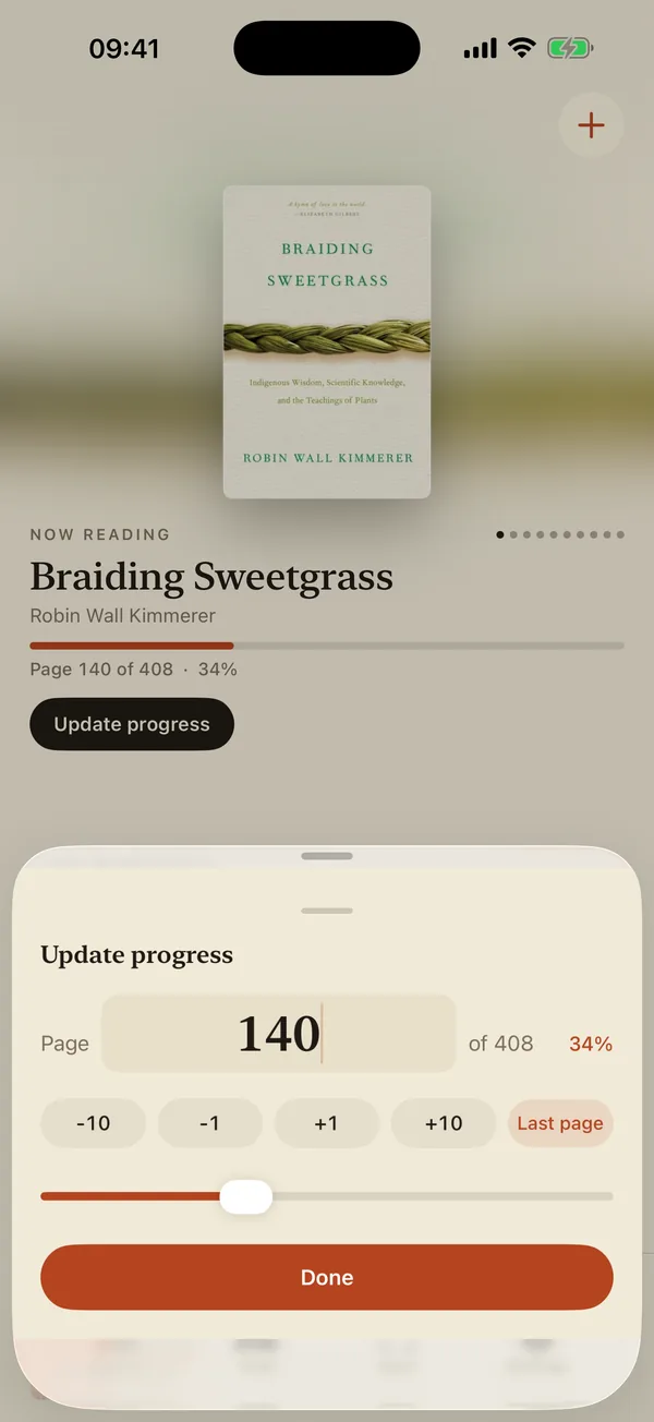 Updating progress on Braiding Sweetgrass: page 140 of 408, with buttons for plus or minus one and ten pages