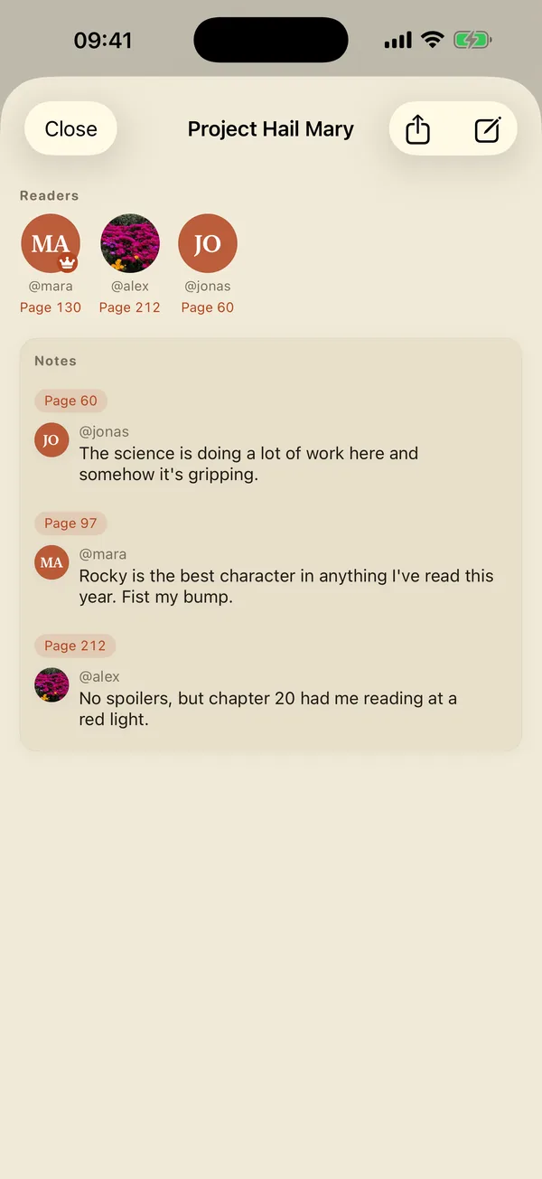 A Read-Together session on Project Hail Mary: three readers, each at their own page, with notes tagged by page